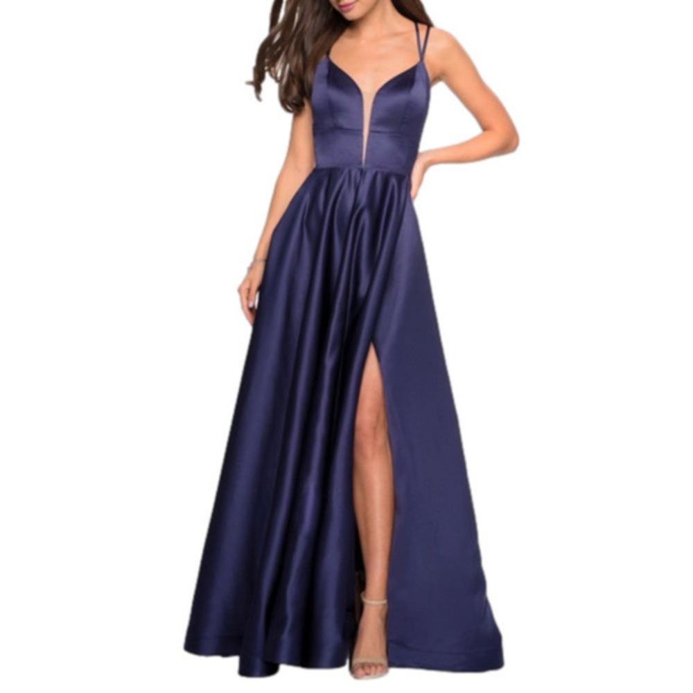LA Femme Navy Blue Strappy Back Formal Ballgown Size 8 (Needs Strap Repair)
